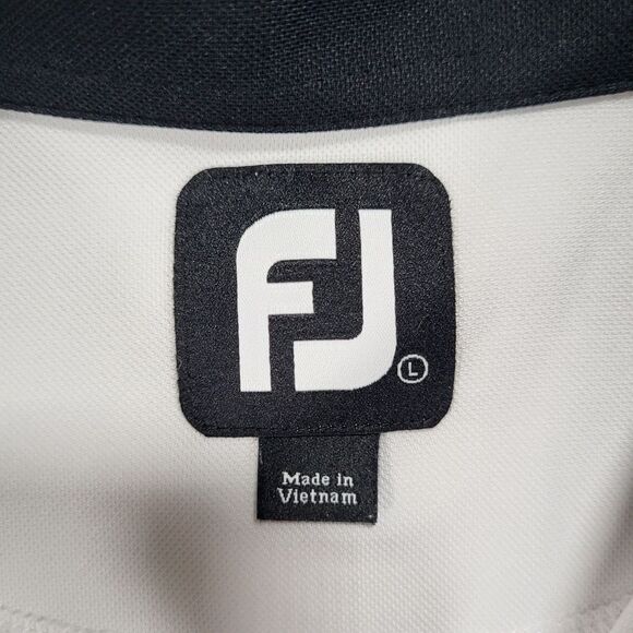FootJoy Mens Large White Blue Smooth Pique Pieced Stripe Polo course logo sleeve - Picture 2 of 9